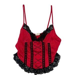 Vintage Faux Corset Lace Trim Camisole Tank Top Lingerie Y2K 90s Red USA MEDIUM
